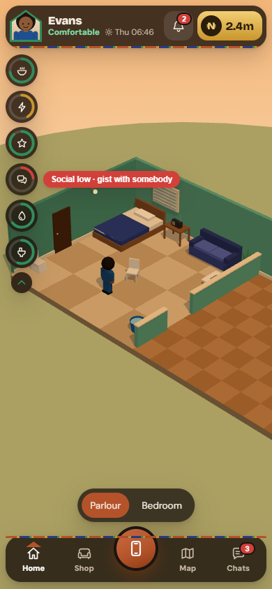 Your room in Ibadan Life, with needs shown as rings down the side