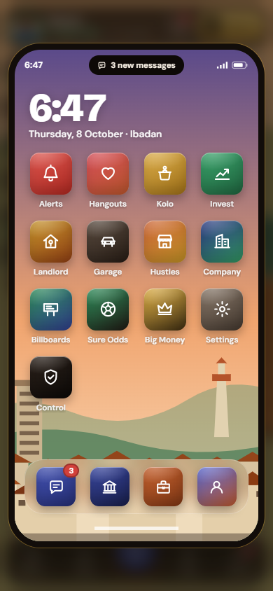 The in-game phone with its apps over an Ibadan skyline